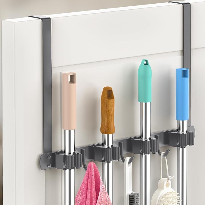 Broom Holder Over The Door with Hooks -304 Stainless Steel (Space grey) | Save Space, Anti-Rust & Sturdy, Mop and Broom Holder Wall Mounted or Hanging Over The Door, for Garage Laundry Kitchen