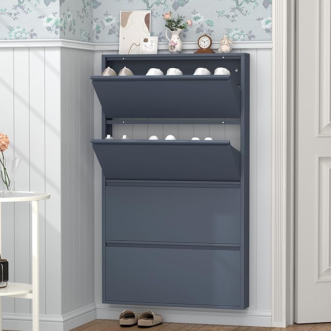 GREATMEET Shoe Cabinet with 4 Flip Drawers, Slim Metal Shoe Cabinet Storage for Entryway, Hidden Narrow Shoe Rack Organizer Cabinets Wall Mount for Living Room, Bedroom, Hallway, Blue