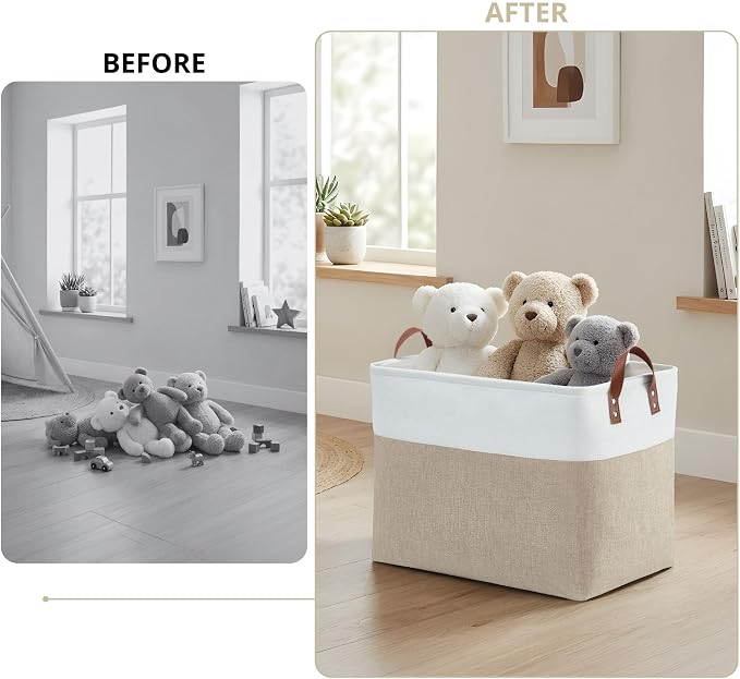 DECOMOMO Fabric Storage Bins, Extra Large Storage Baskets with Handles | 3 Pack Storage Baskets for Shelves, Laundry, Toys, Nursery (Beige & White)