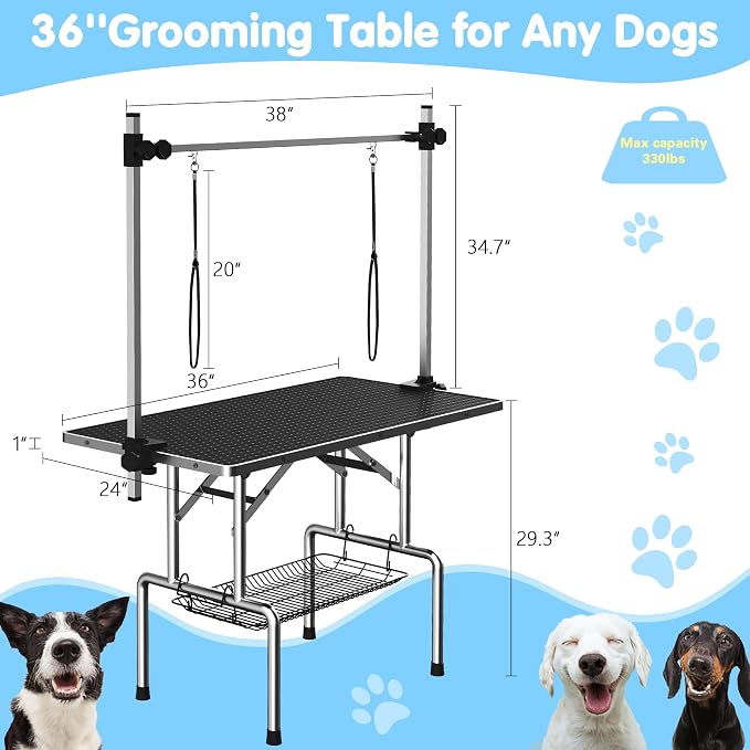 36'' Foldable Dog Grooming Table with Arms/Nooses/Mesh Tray, Black | Stainless Steel Grooming Table for Dogs at Home, Adjustable Pet Bathing Station, Non-Slip Waterproof Tabletop, Capacity 330Lb