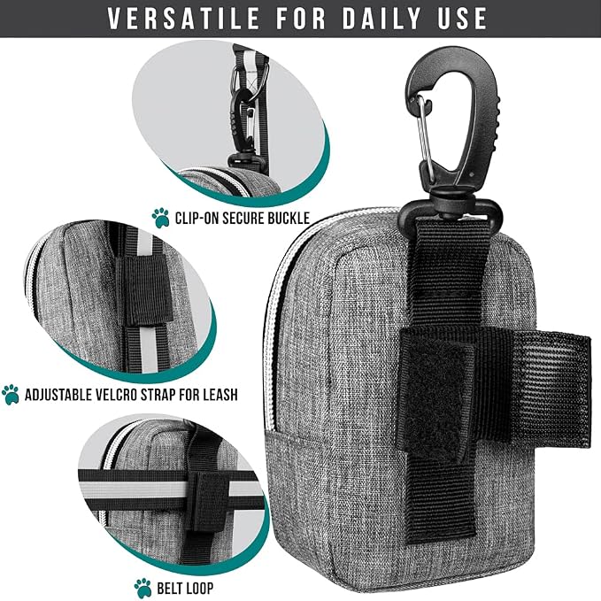 PetAmi Dog Poop Bag Holder for Leash, Waste Bag Dispenser Pet Pouch, Grey | Doggy Puppy Walking Accessories Travel Camping, Dog Treat Pouch Supplies Must Have, Doggie Poo, Jogging, Walks