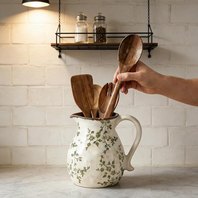 Rustic Ceramic Utensil Holder, 6.1"Farmhouse Cooking Utensil Holder | Utensil Organizer Crock with Handle for Kitchen Counter, Vintage Countertop Home Decor, Flower Pot, Spoon Tool Tray