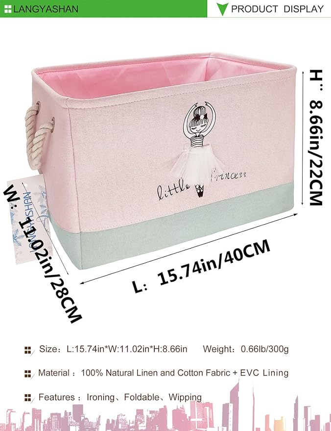 Rectangular Thick Pink Storage Bin Household for Closet Kitchen Office Girl | Foldable Space Saving Canvas Fabric Laundry Hamper with Handles Organizer for Boys and Girls Bedroom Shelf Gifts Baskets