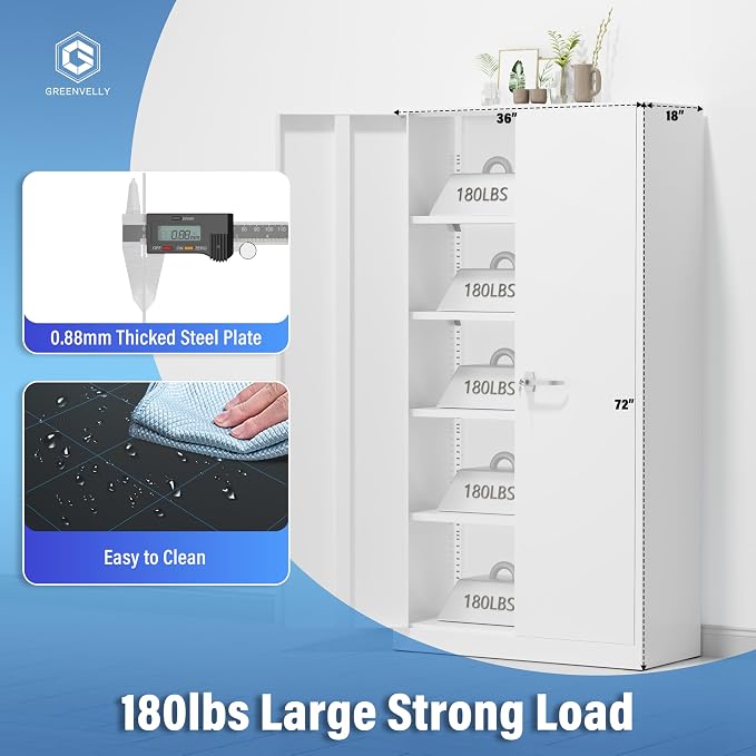 Greenvelly Metal Storage Cabinet - 72" Steel White Cabinet with 2 Doors and 4 Adjustable Shelves, Lockable - Perfect for Garage, Home Office, Pantry