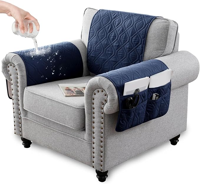 Recliner Armrest Cover with Headrest, Chair Armrest Slipcover with Side Pockets, Water-Resistant, Non Slip Furniture Protector for Pets (Navy Blue,3 Seater 5PCS)
