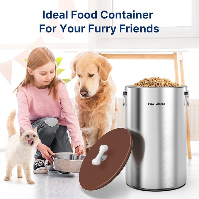Paw Libero 2PK 35 Lbs Stainless Steel Dog Food Storage Container with Airtight Lid & Ceramic Bone Handle, Large Metal Dog Food Bin for Dogs & Cats, Keep Fresh, Easy to Clean