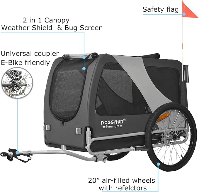 DOGGYHUT® Premium X Large Pet Bike Trailer & Stroller Up to 100 lbs (Gray) | Bicycle Trailer for Small Medium or Large Dogs, Dog Bicycle Carrier, Low Center of Gravity, Folding Frame Cart