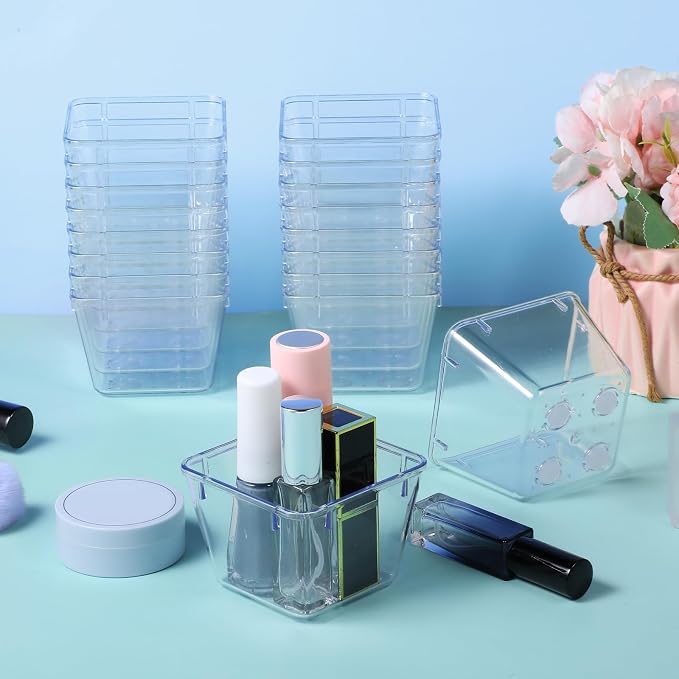 24 Pcs Clear Drawer Organizers 3" x 3" x 2" Stackable Small Makeup Vanity Storage Bins Small Desk Drawer Organization Clear Container Dividers for Makeup Vanity Office Bathroom Kitchen Utensil