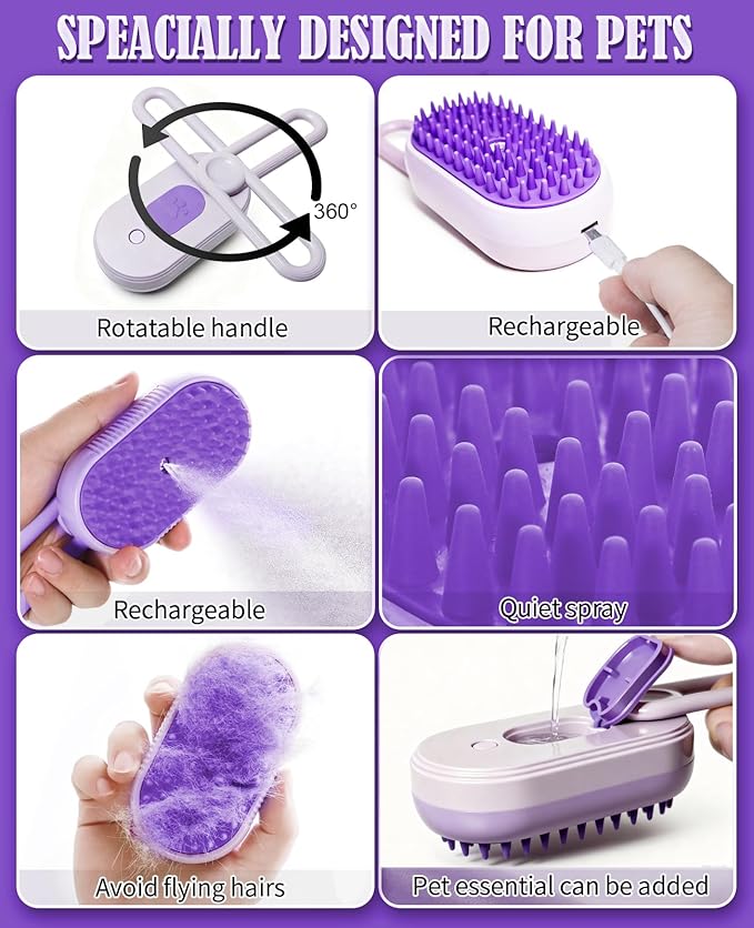 Cat Steam Brush for Shedding - 3 in 1 Pet Steam Brush for Dogs and Cats - Adjustable Dog Steamy Brushes for Grooming and Massage, Removing Tangled and Loose Hair (Purple)