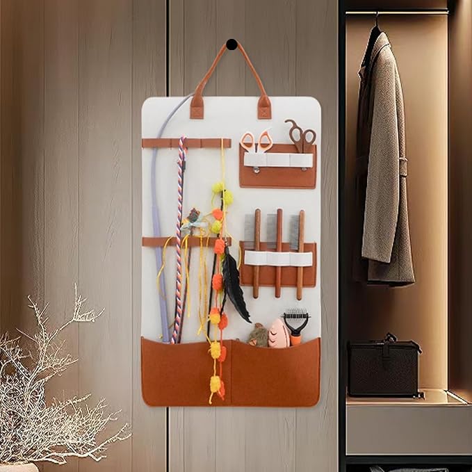 Cat Toy Holder Organization Wall Mount Home Decor Pockets | Wand Toy Organizer Bag for Indoor Cats Grooming Brush Pet Comb Bedroom Living Room Home Apartment