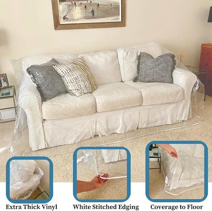 Evelots Clear Vinyl Couch Cover, Waterproof 3-Seat Sofa Protector | Heavy-duty vinyl protects 3-seat sofas from pet claws, stains, dust and spills; ideal for everyday use, moving and storage.