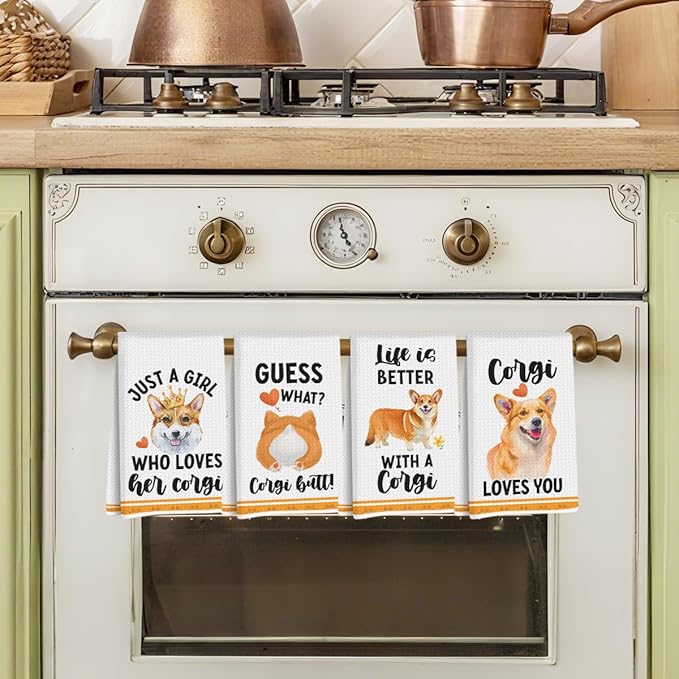 4 Pcs Funny Corgi Kitchen Towels 24x14 Inch, Corgis Decorative Waffle Weave Dish Towels, Dog Hand Tea Towels for kitchen Home Farmhouse Bathroom Decor, Corgi Gifts for Women Mom Friend Grandma