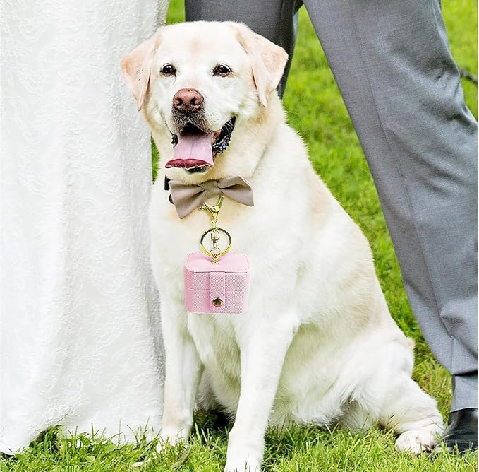 Wedding Ring Bearer Pillows Box for Dog Collar, PU Leather Travel Mini Ring Holder Pouch with Keychain Clip& Buckle Closure, Bridesmaid Gifts Jewelry Storage Case for Women Girls(Pink)