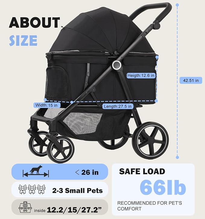 Dog Stroller for Medium Large Dogs up to 66lbs Portable&Foldable | Pet Stroller for 2 Small Dogs with Adjustable Handle & Canopy, Ventilated,Storage Organizer
