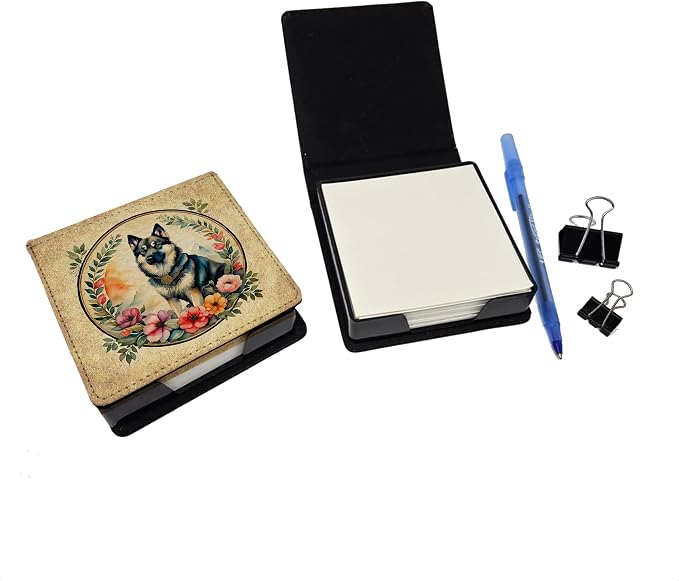 Caroline's Treasures Norwegian Elkhound and Flowers PU Leather Note Paper Holder with Artist-Designed Cover, Desk Accessory, Office Gift