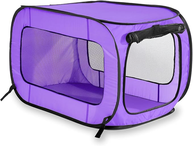 Portable Collapsible Pop Up Kennel, 32.5" L x 19.5" W x 19.5" H, Purple | Collapsible indoor/outdoor travel cat and dog crate with mesh screen windows pops up and folds flat for easy storage
