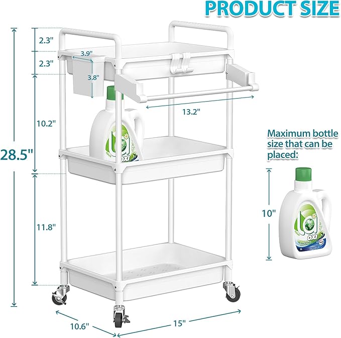 SPACEKEEPER Rolling Storage Cart, 3 Tier Utility Cart for Bathroom, White | Rolling Cart with Lockable Wheels, Towel Rack, Hooks & Cup for Laundry Room,Kitchen,Office, Snack,Craft,Art,Makeup,Nail,Toys