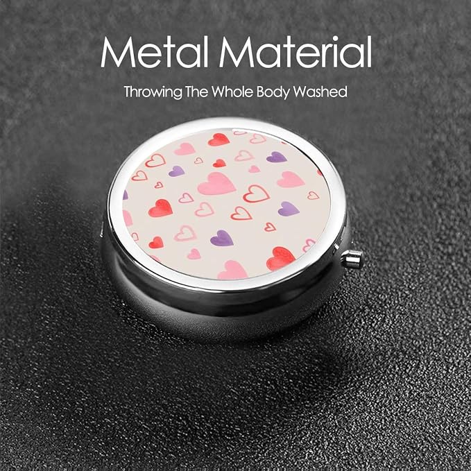 Small Pill Organizer, Round Metal Dispenser, Portable Case for Fish Oil, Travel Pill Box Purse Essential, Cute Love Hearts