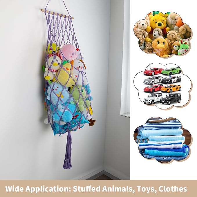 68 Inch Stuffed Animal Storage Net Corner Stuffy Hammock,Purple | Boho Macrame Large Toy Hammock for Stuffed Animals Organizer,Wall Ceiling Over Door Stuffy Storage Holder,Nursery Room Decor