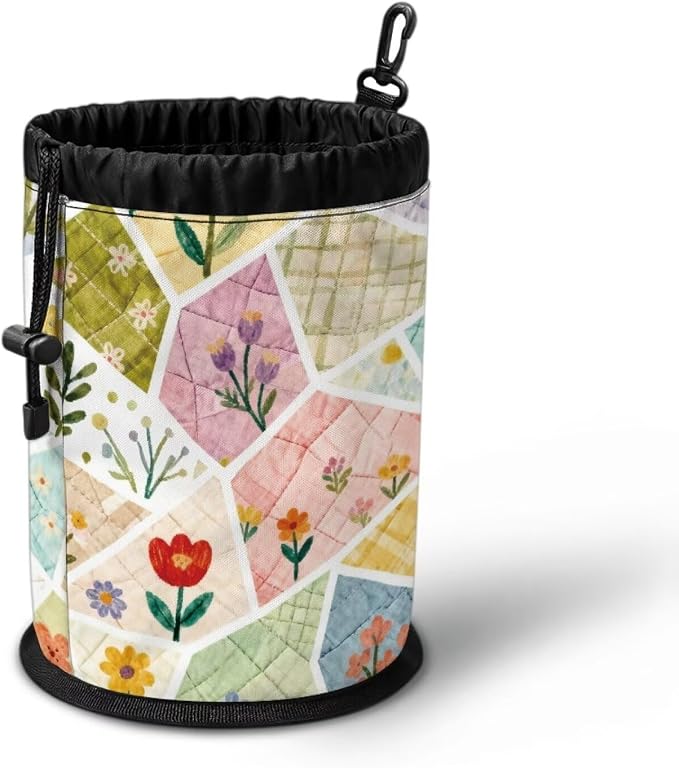 Clothespin Bag Holder Outside, Patchwork Floral Print Multiple Hanging Methods Clothes Pin Bag with Drawstring Closure, Large-Capacity Clothespin Storage Organizer with Hooks
