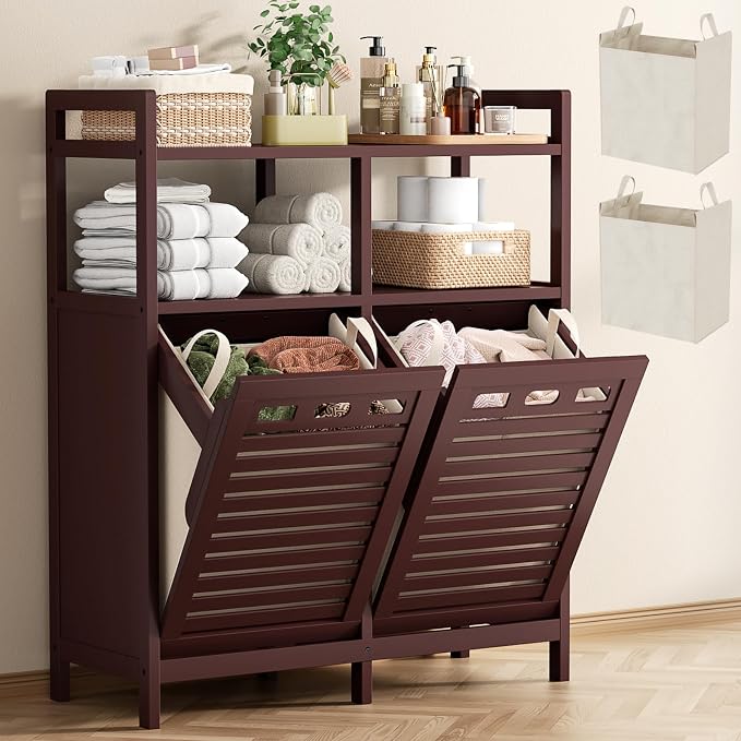Homykic Tilt Out Laundry Hamper Cabinet, Bamboo Laundry Organizer, Espresso | 20 Gal Laundry Sorter with 2 Removable Liner Bags, Hidden Clothes Hamper with Shelf for Laundry Room, Bathroom, Closet