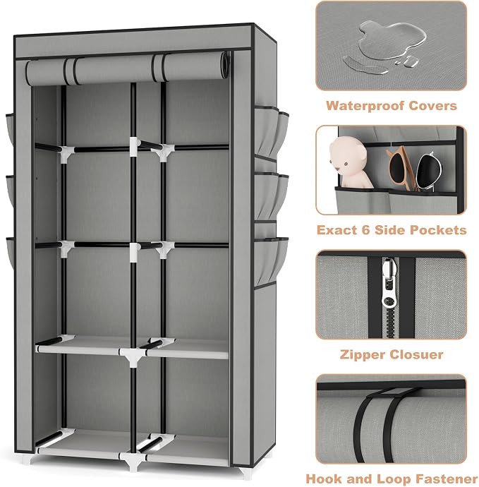 VTRIN Portable Closet Wardrobe for Hanging Clothes with 4 Storage Shelves, 2 Hanging Rods and 6 Pockets, Stable and Easy Assembly Clothes Rack with Cover Free Standing Closet for Bedroom, Grey