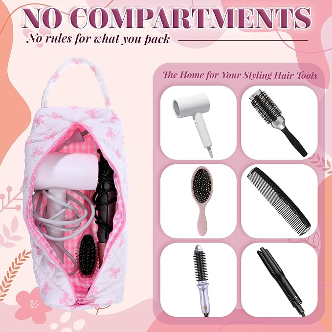 JJUNW 1 Pc Hair Tools Organizer Bag with Bow Pattern, Travel Bag Quilted Cosmetics Toiletry Organizer, Portable Pink Haircare Accessories for Curling Irons, Flat Irons, Hair Dryers Tools(Type 2)