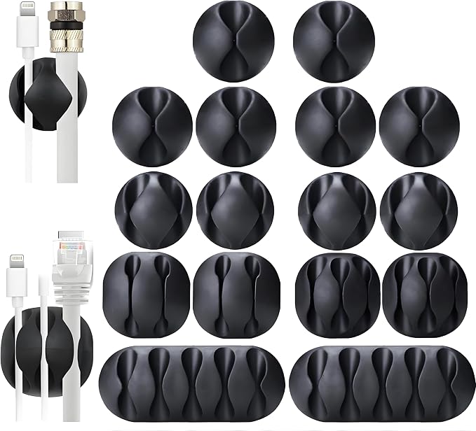 16-Pack Black Cord Organizer - Adhesive Cable Clips Holder for Desk, Wall, Car - Wire Management Clips for iPhone Charger, USB, Computer Cables -Cord Keepers with Strong Sticky Backing