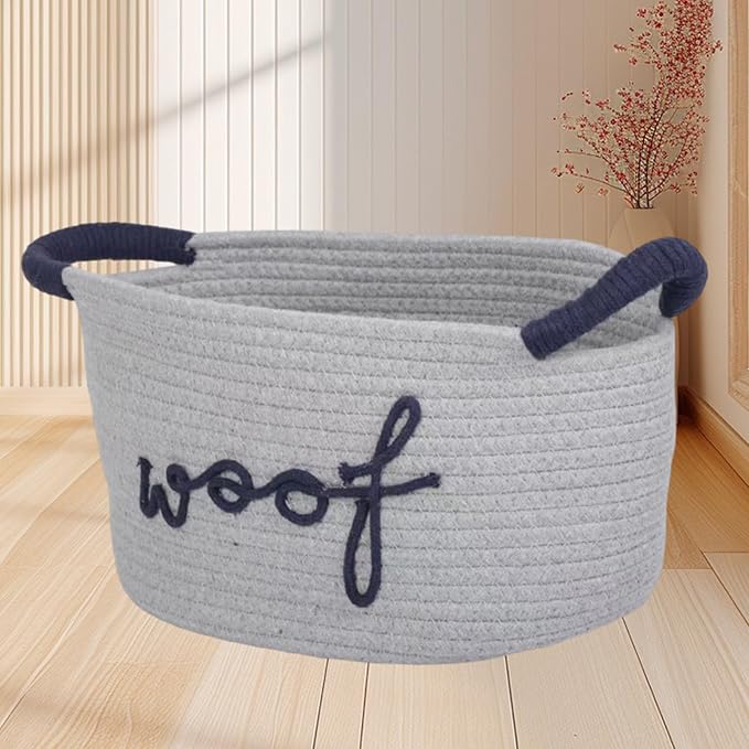 Hand Woven Cotton Rope Dog Toy Storage Basket Featuring Animal Patterns and Strong Handles for Pets