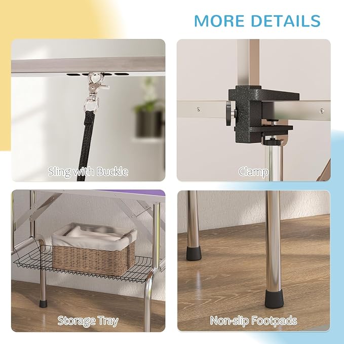 Pet Dog Grooming Table, Foldable Stainless Steel Pet Drying Grooming Table Up to 330lbs, Professional Bathing Desk for Dogs at Home with Adjustable Overhead Arms, Noose, Mesh Tray, 42''/Purple