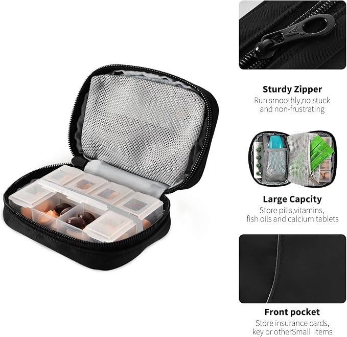 Pill Box 7 Day Pill Case Travel Pill Organizer Bag with Zipper Portable Weekly Case Compact Size for Vitamin Supplement Holder, Solid Color Black