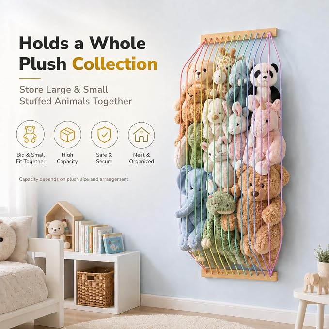 Stuffed Animal Storage Wood Soft Toy Organizer for Kids Room，Cute and Durable Wall or Door Mount Length Adjustable Hanging Stuffed Animal Toy Organizer Shelf for Nursery Play Room Rainbow -Patent