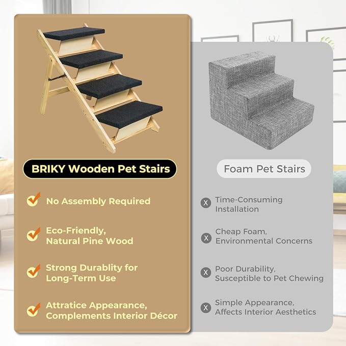 BRIKY 2-in-1 Dog Stairs/Ramp with 4 Steps | Foldable Dog Stairs for High Beds Cars Couch, Durable Wooden Pet Stairs for Small Medium Large Dogs, No Assembly Required