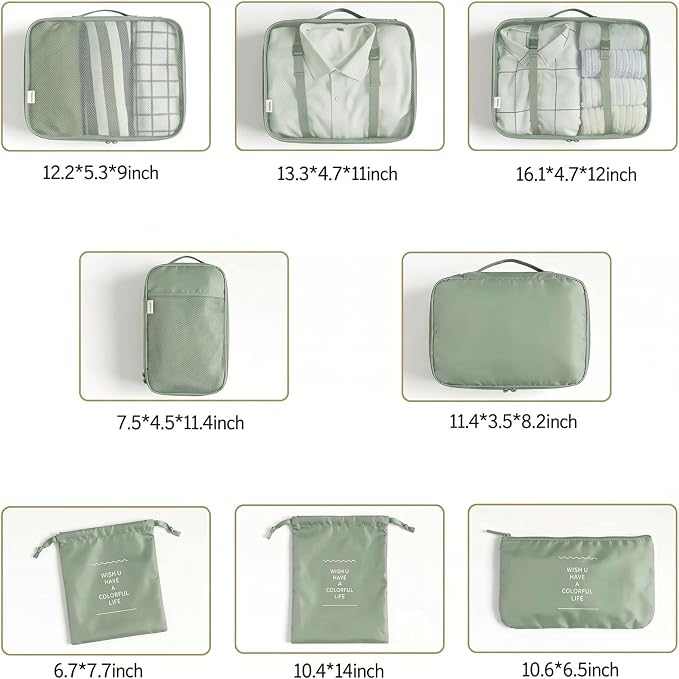 LANSKLBD 6/8 Set Packing Cubes for Suitcases Travel Luggage Packing Organizers,Travel Accessories Essentials Luggage Organizer with Shoe/Tioletry/Laundry Bag (Matcha Green, 8 set)