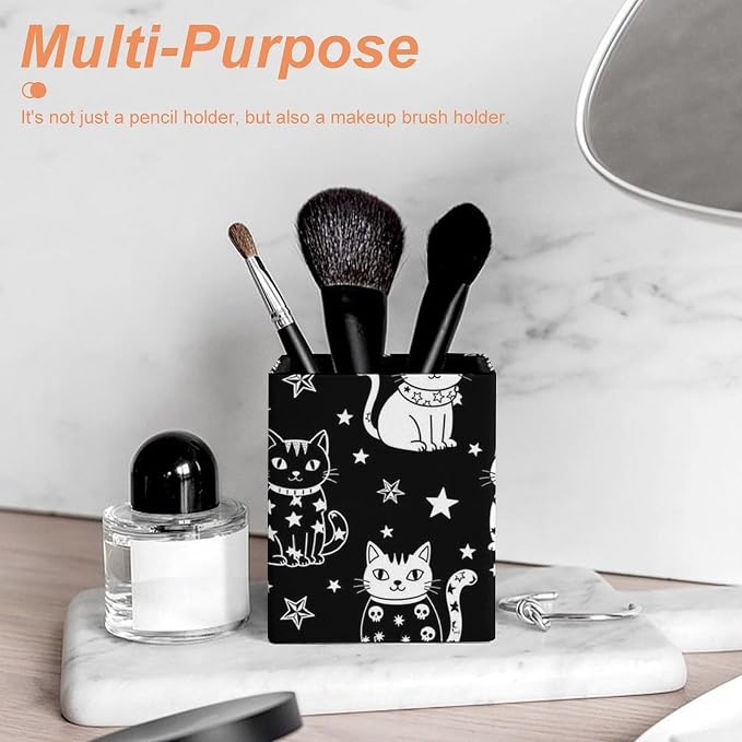 PU Leather Pen Pencil Holder Halloween Gothic Witch Moon Star Cat Skull Black And White Pencil Cup Stationery Container Box Makeup Brush Holder Storage Organizer for Office Supplies