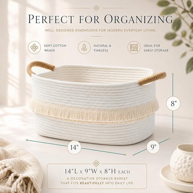 Storage Basket, Woven Baskets for Shelves, White Basket | 3 Pack Boho Cotton Rope Storage Baskets, 14" x 9" x 8", Home Organizer for Nursery, Holds Toys, Books & Towels