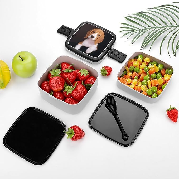 Ovely Pet Dog Beagle Double Layer Bento Box, 1000ml Stackable Leakproof Lunch Container with Spoon, Portable 2-Tier Food Storage Box for Office Work Picnic Camping and Travel