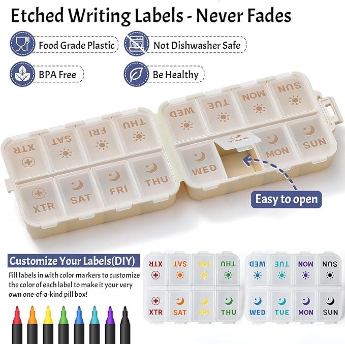Compact & Foldable Weekly Pill Organizer 2 Time a Day, 7-Day AM PM Pill Box | Large Capacity, Dual Protection, Etched Labels- Week Daily Travel Vitamin Case Holder, Supplement Fish Oil Medicine Dispenser