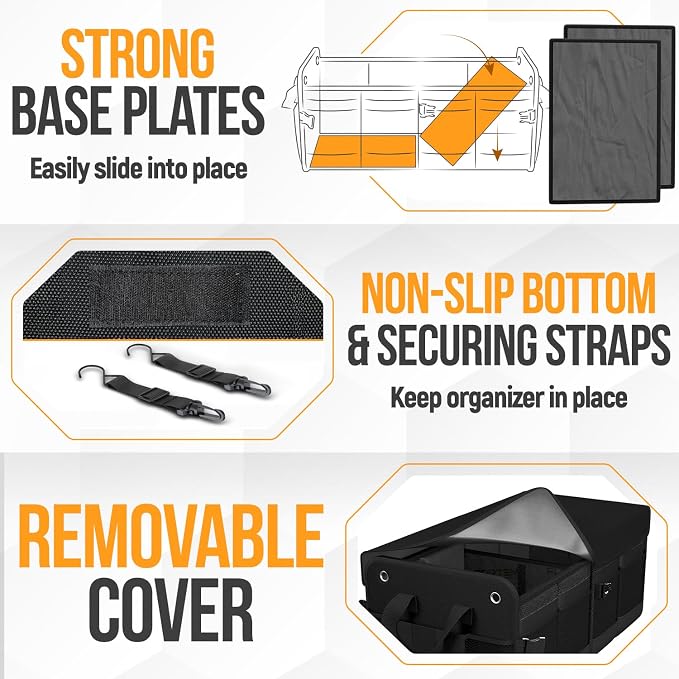 FORTEM Trunk Organizer - Collapsible Car Organizer & Storage Bag for SUVs | Car Accessories for Men & Women, Cooler Bag, Non Slip Bottom, Straps, Soft Cover, 1680D Oxford, 3 Compartments, Black, 50L