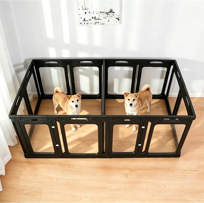 Clear Acrylic Indoor Dog Playpen, 24" H, 14 Panels, Black | Open View, Modern Home Fit, No Climbing Bars, Tool-Free Setup, For Puppies & Small Dogs