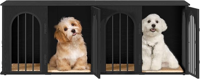 Hzuaneri 63" Double Dog Crate Furniture, Dog Kennel Indoor with Cushion | Heavy Duty Dog Crate Furniture for 2 Dogs,Dog Cage End Table TV Stand with Divider for Med-Large Dogs,Black DFC80904B