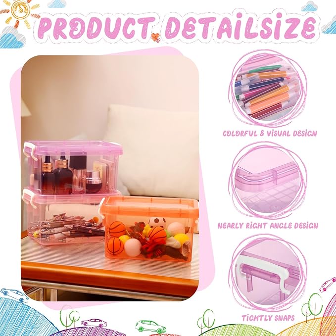 6 Pack Colorful Plastic Storage Bins with Lids 4 Quart Small Storage Latch Box Stackable and Nestable Clear Organizer Bins with Latching Handle and Buckle for Organizing(Sweet Color)