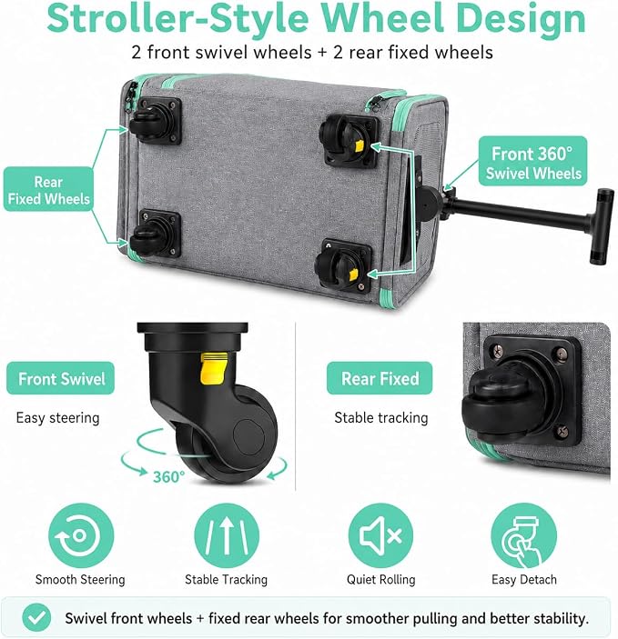 Airline Pet Carrier with Wheels, 18x11x11 for Cats & Toy Dogs | Soft-sided nylon under-seat bag, removable wheels, expandable mesh, cats & toy-breed dogs, measure pet before buying