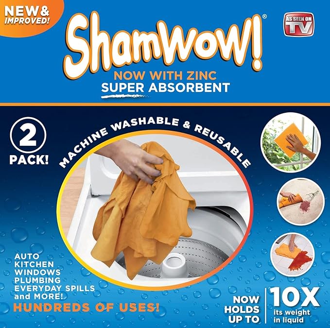 ShamWow 2-Pack (20"x27") -Shammy Super Absorbent Multi-Purpose Home Cleaning, Chamois Towel for Cars, Lint-Free, Streak-Free & Scratch-Free, Holds 10x Its Weight, Machine Washable, Orange