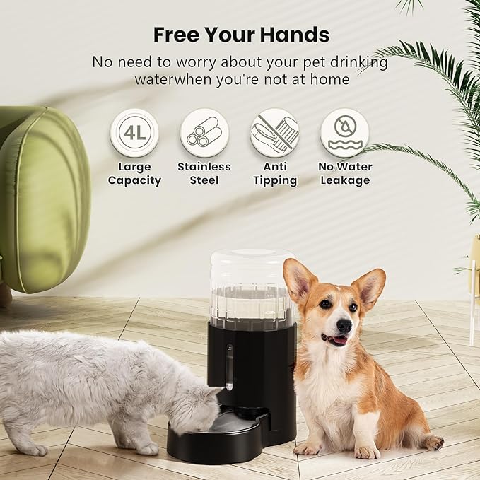 CZPET Dog Water Bowl Dispenser 4L, Wider Mouth & Upgraded Brush for Easy Cleaning Automatic Cat Gravity Refilling Waterer with Removable Stainless Steel Bowl, Large Drinking Area for Multi-Pet (Black)