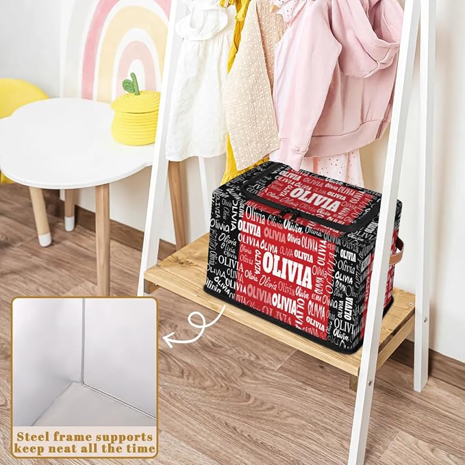 Custom Rectangular Baby Storage Basket with Zipper Lid, Kids Toys Bin, Books Shelf Basket, Clothes Towel Storage Bin for Nursery, Gift Basket, Pet Basket, Black with Red Background