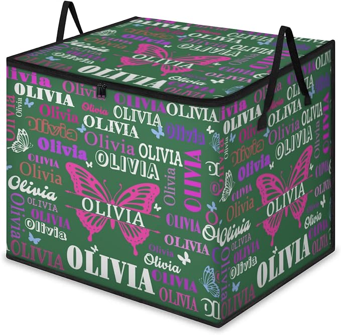Custom Extra Large Storage Baskets Named with Lid, Personalized Storage Bins Basket Boxes Handles for Clothes Blanket Bedroom Closet Organizing Toys Shelves, Deep Forest Green with Butterflies