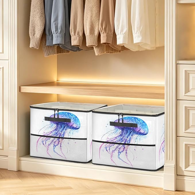 TropicalLife Jellyfish Shoe Organizer for Closet | Fantasy Sea Animals Foldable Shoe Storage Organizer Box Bin with Adjustable Dividers and Clear Cover, Fits up to 16-32 Pairs