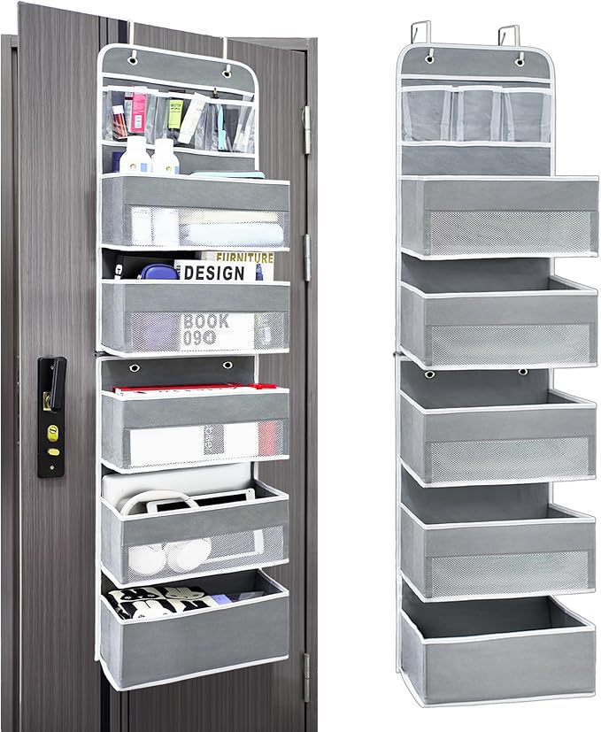 Over the Door Organizer with 10 Side Mesh Pockets,6 Shelf | 4 Shelf Capacity Hanging Behind the Door Kitchen Organizers&Storage Suitable for Storing Toys, Shoes, Towels, Grey
