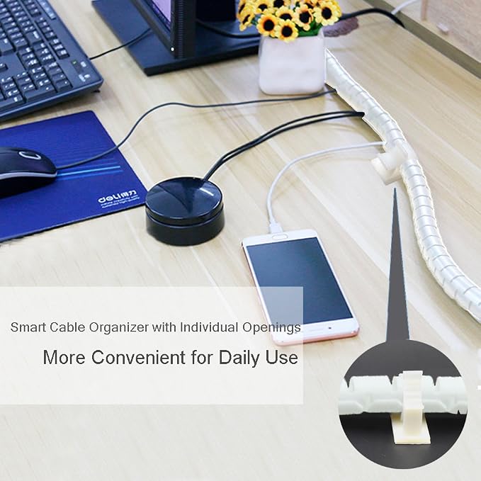 White Cable Organizer Cord Wire Cover Hider Sleeve Management 2 PCS, VIWIEU Clutter Free Coiled Tube Wire Concealer with Cable Tie Clips System for TV PC Computer Home Entertainment Wall